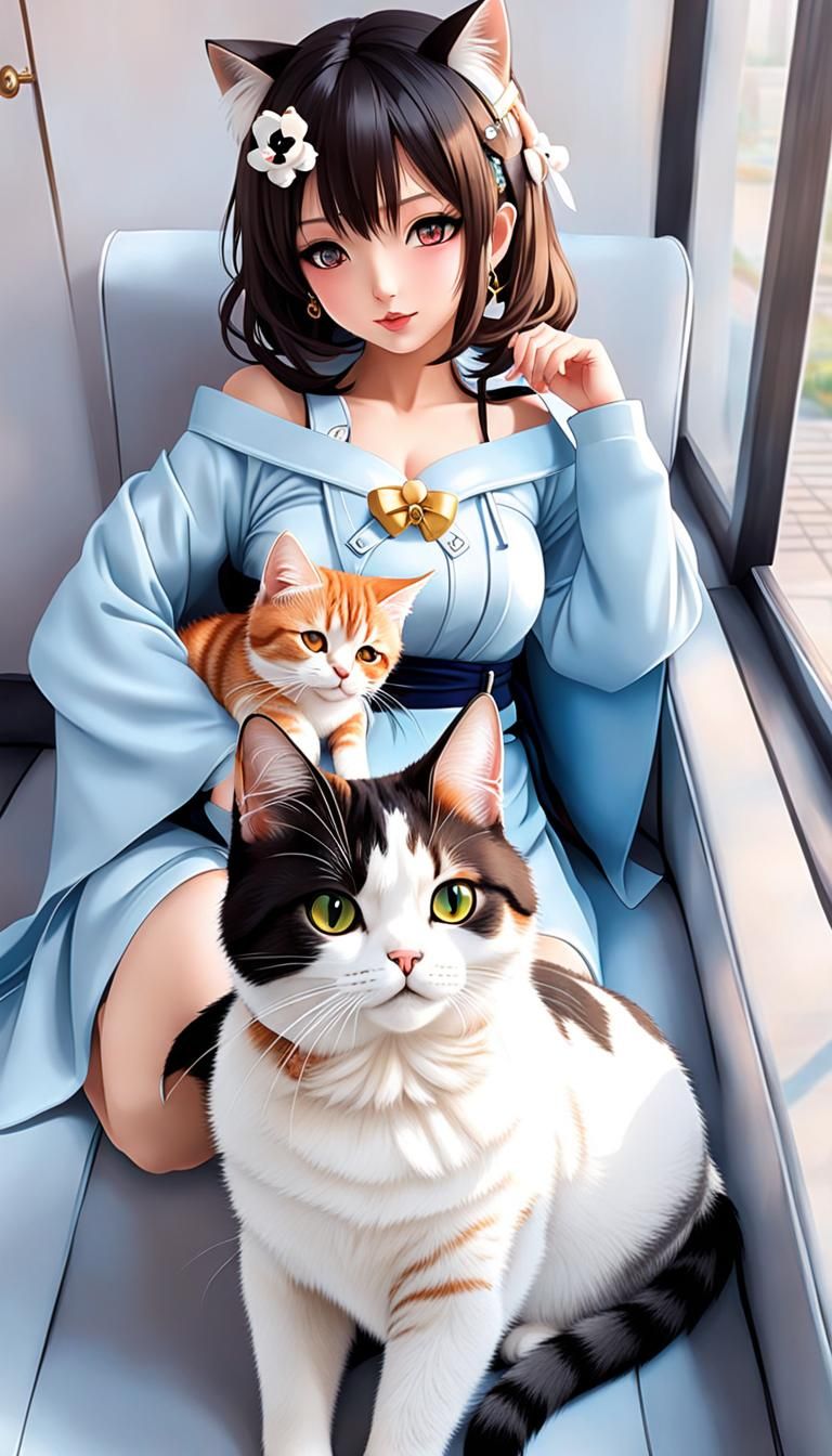 Cute Nekomimi Girl with Cats in Japanese Home