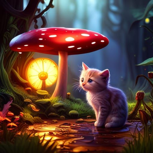 Cute Kitten Sheltering Under Magic Mushroom