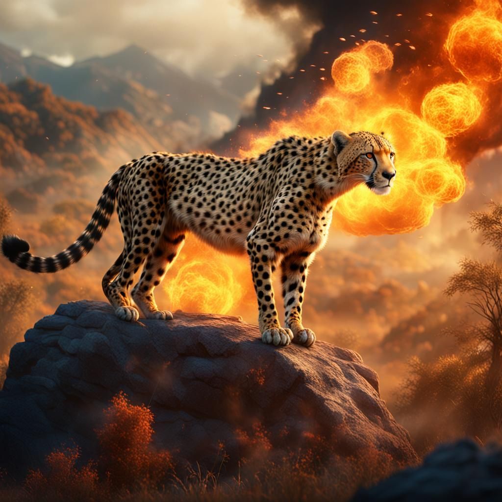 Cheetah in Fire and Smoke: Fantasy Concept Art