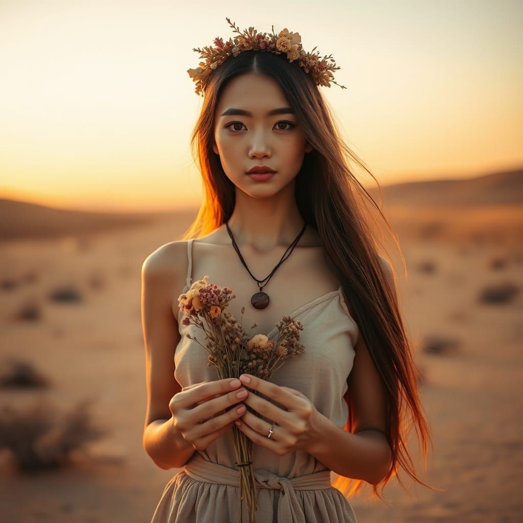 Chinese Woman in Desert at Sunset with Wildflowers