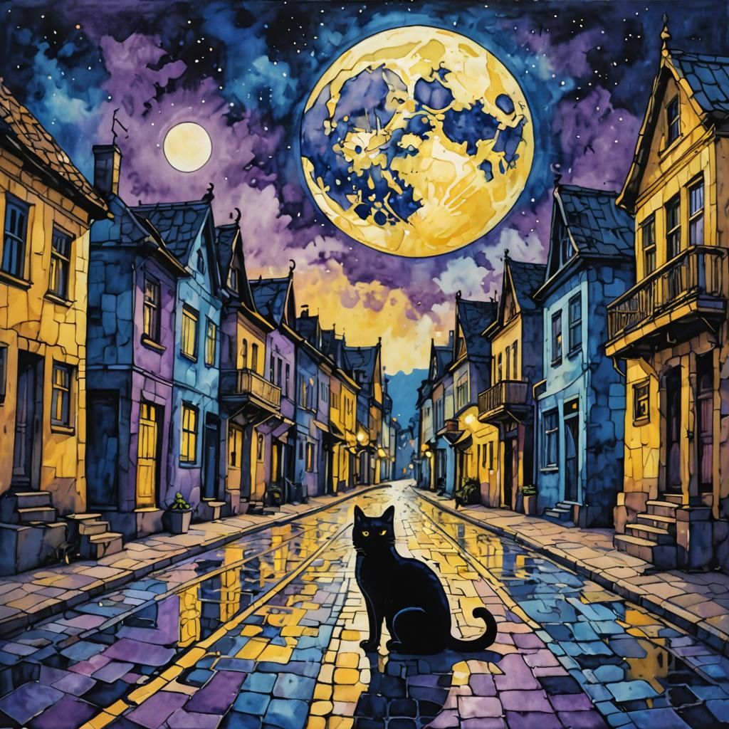 Night City Moon Cat in Batik Impressionism