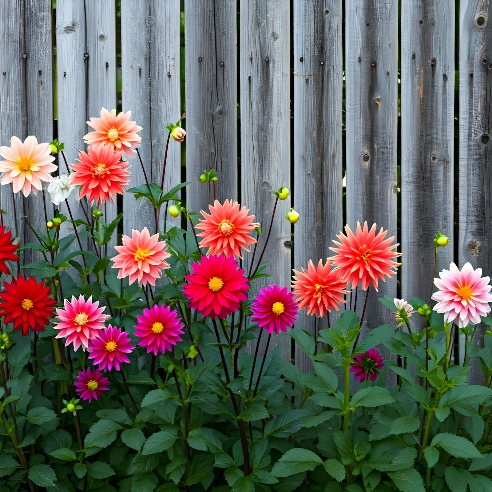 Colorful Dahlias in Bloom Against Wooden Fence