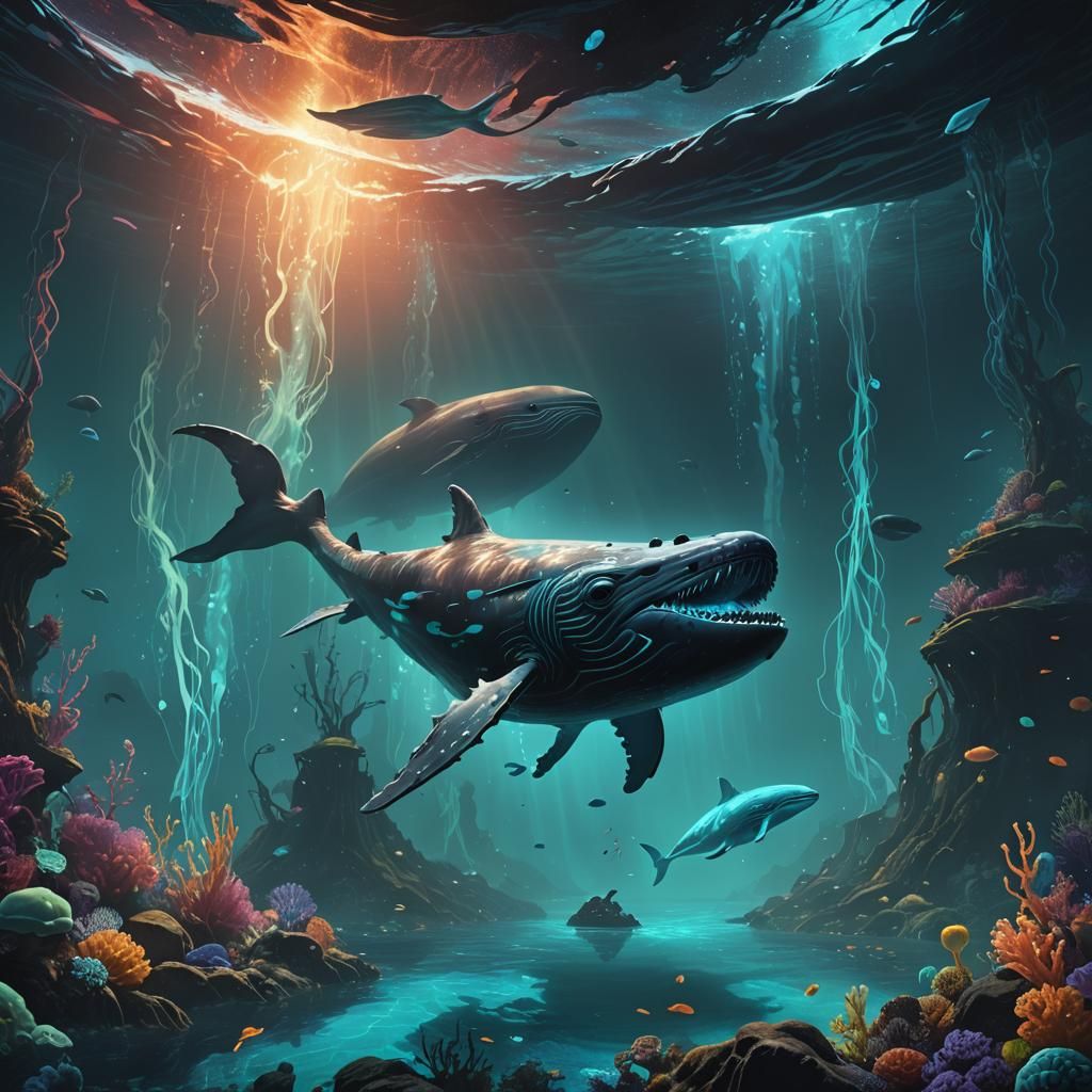 Mexican Ghost and Dying Whale in Mystical Realm