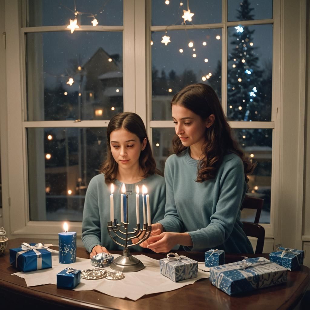 Hanukkah Celebration: Girl Opening Gift by Menorah