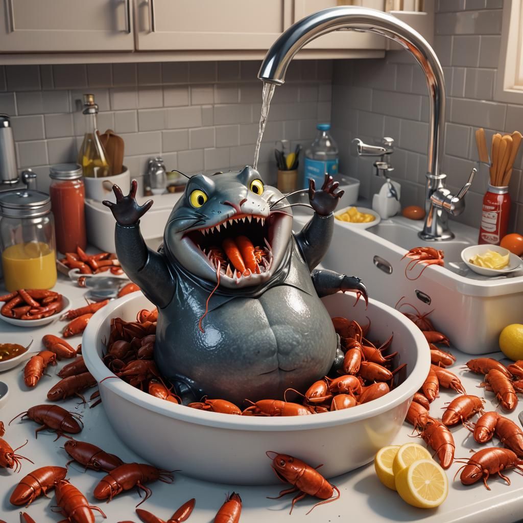 Happy Catfish Eats Crawfish, 3D Digital Art