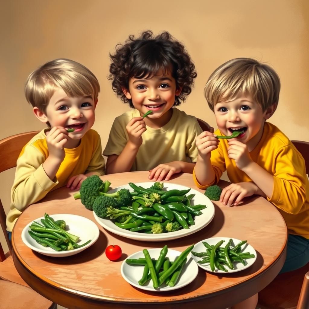 Kids Enjoying Green Vegetables: Classic Painting Style