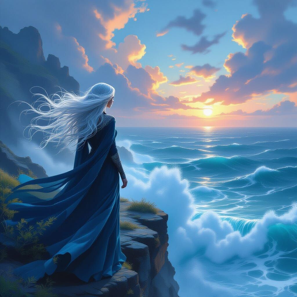 Ethereal Woman on Cliff Overlooking Indigo Sea