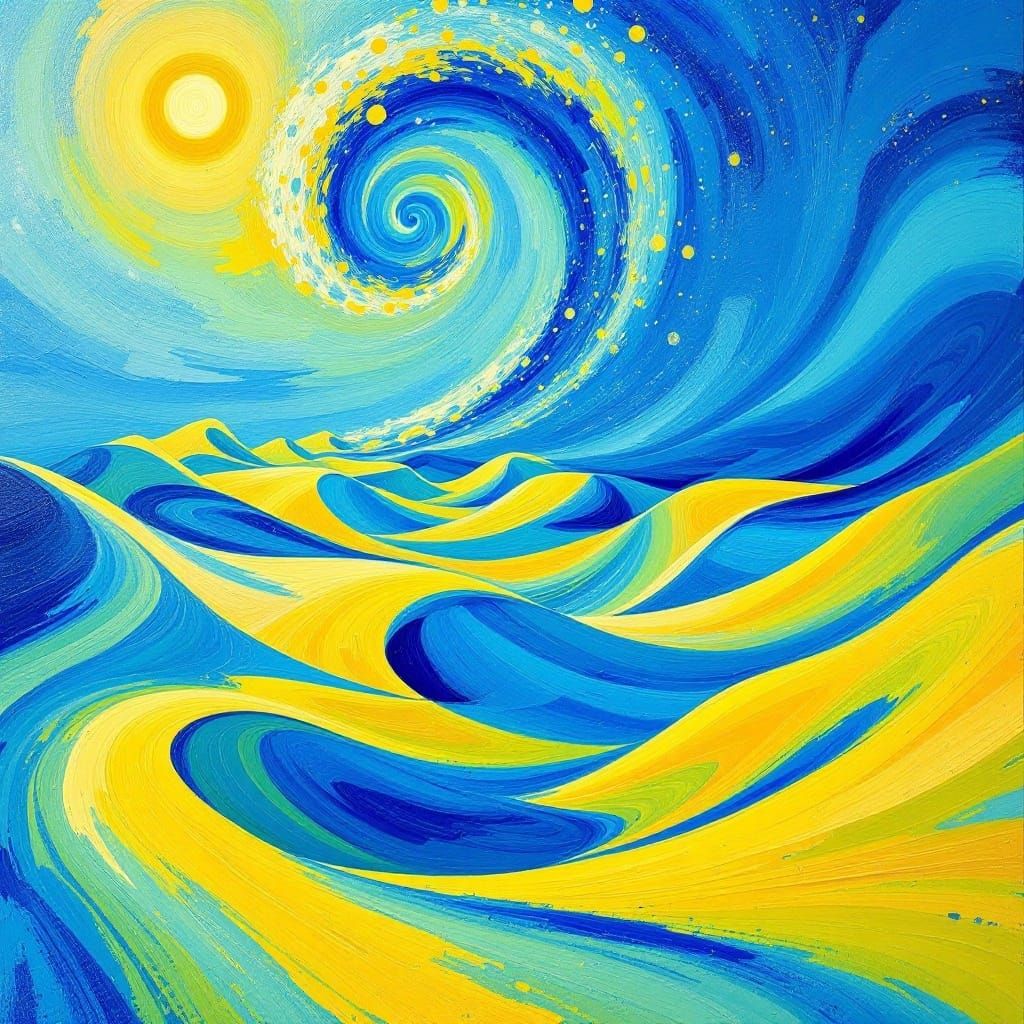 Vibrant Spiral Landscapes in Electric Blue and Neon Yellow
