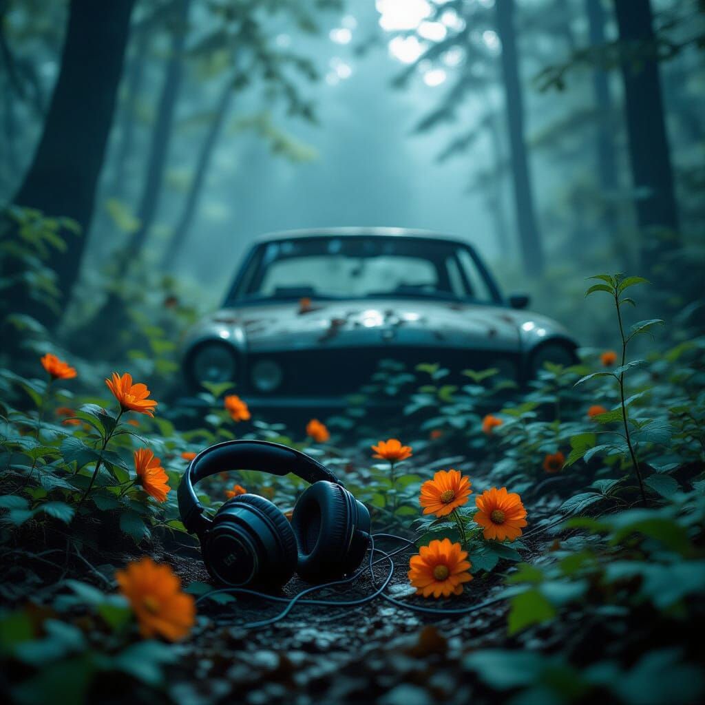 Abandoned Car in Misty Forest with Headphones and Orange Flo...