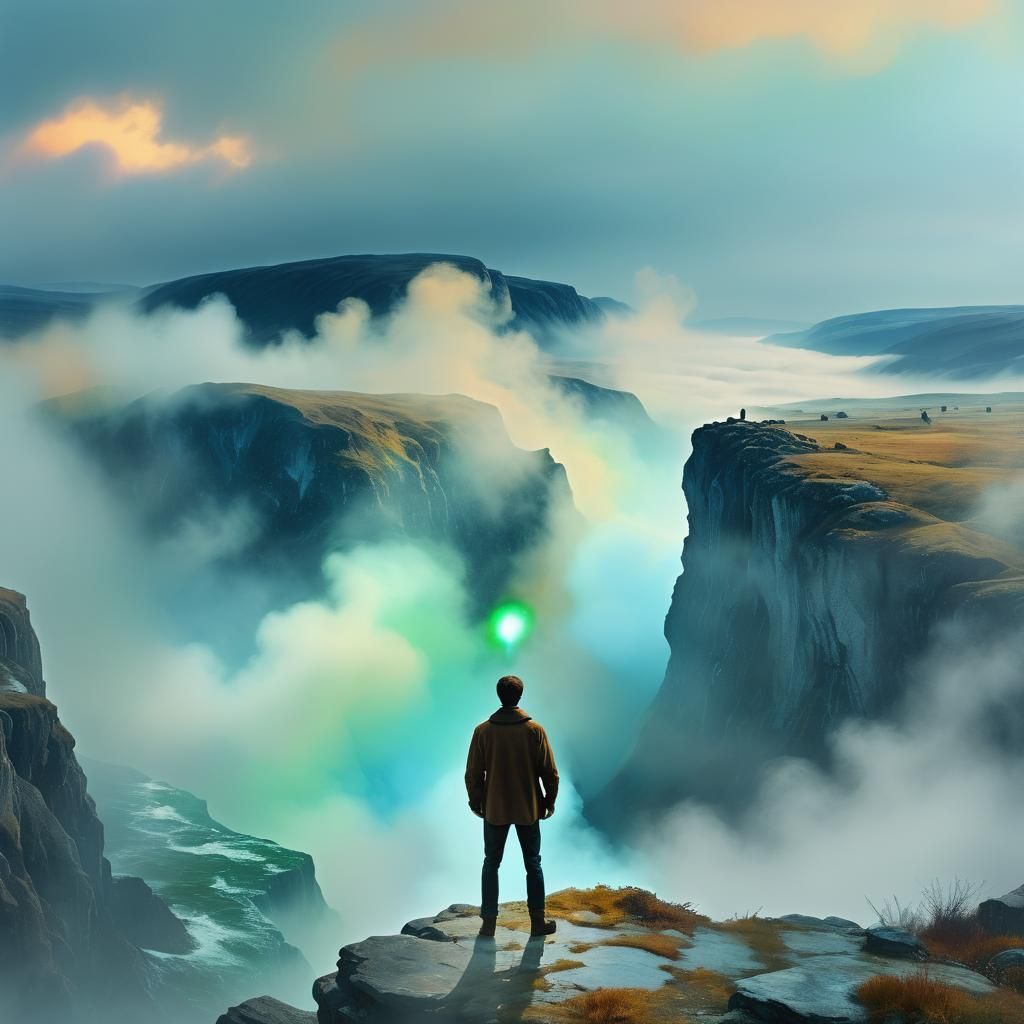 Man Contemplates Misty Landscape in Cinematic Style