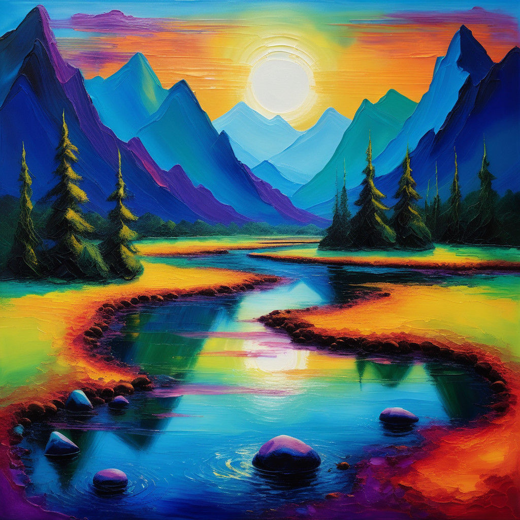 Vibrant Mountainscape Painting in Triadic Colors
