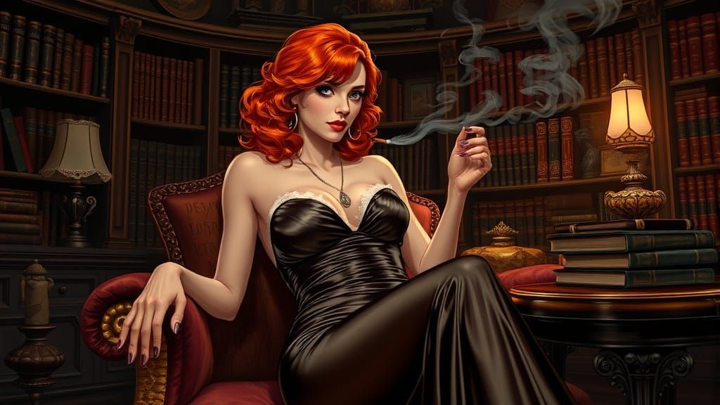 Glamorous Woman in Opulent Study, Comic Book Art