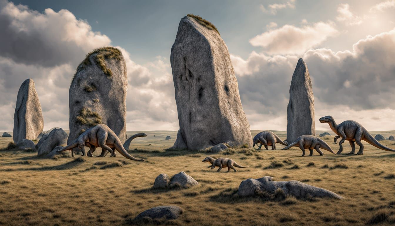 Hyperrealistic Dinosaurs Grazing at Ancient Menhir