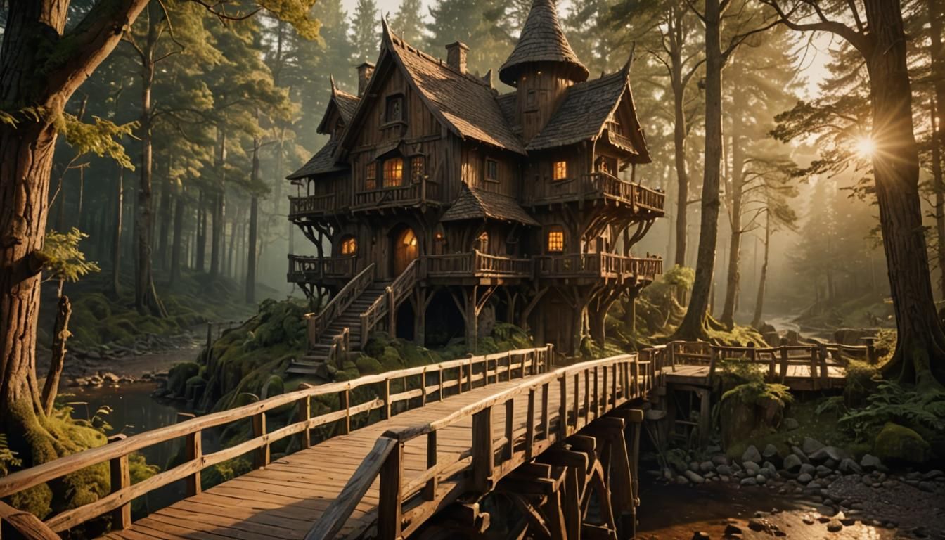 Rustic Elven House in Forest with Wood Bridge