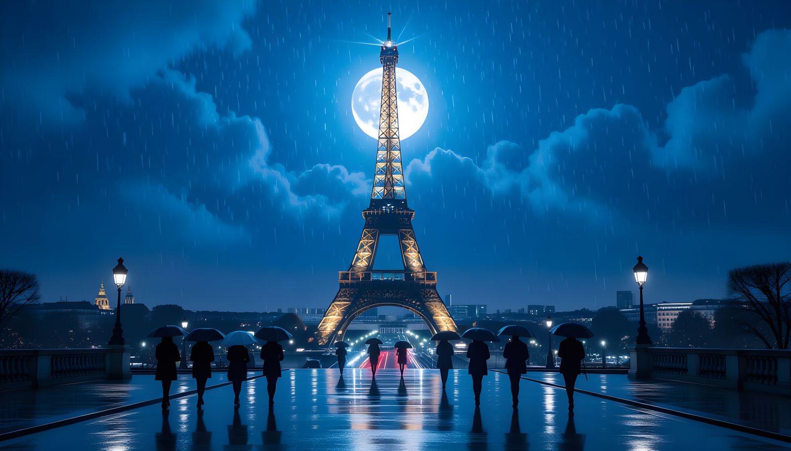 Rainy Night Eiffel Tower With Glowing Moon
