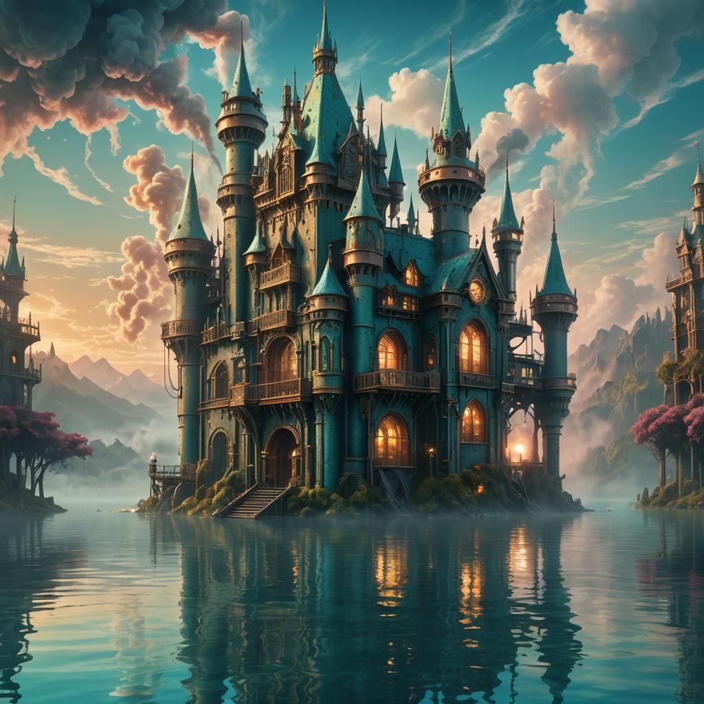 Steampunk Castle with Mechanical Monster in Aqua Lake