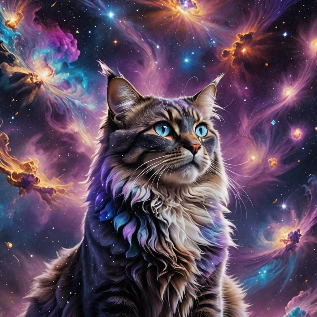 Galactic Cat Portrait in Hyperrealistic Splash Art