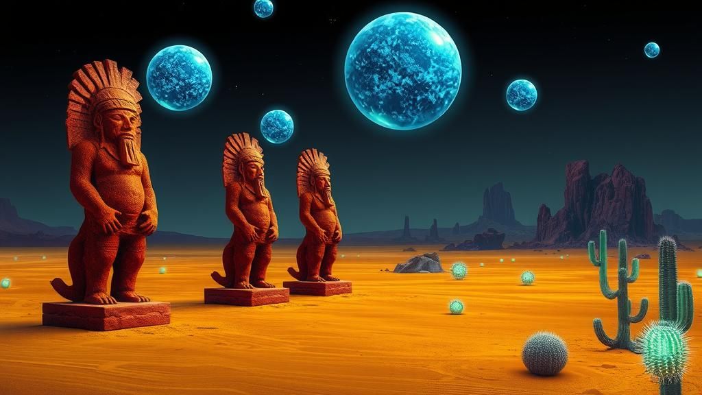 Desert Aztec Sculptures with Blue Orbs, in Surrealist Style