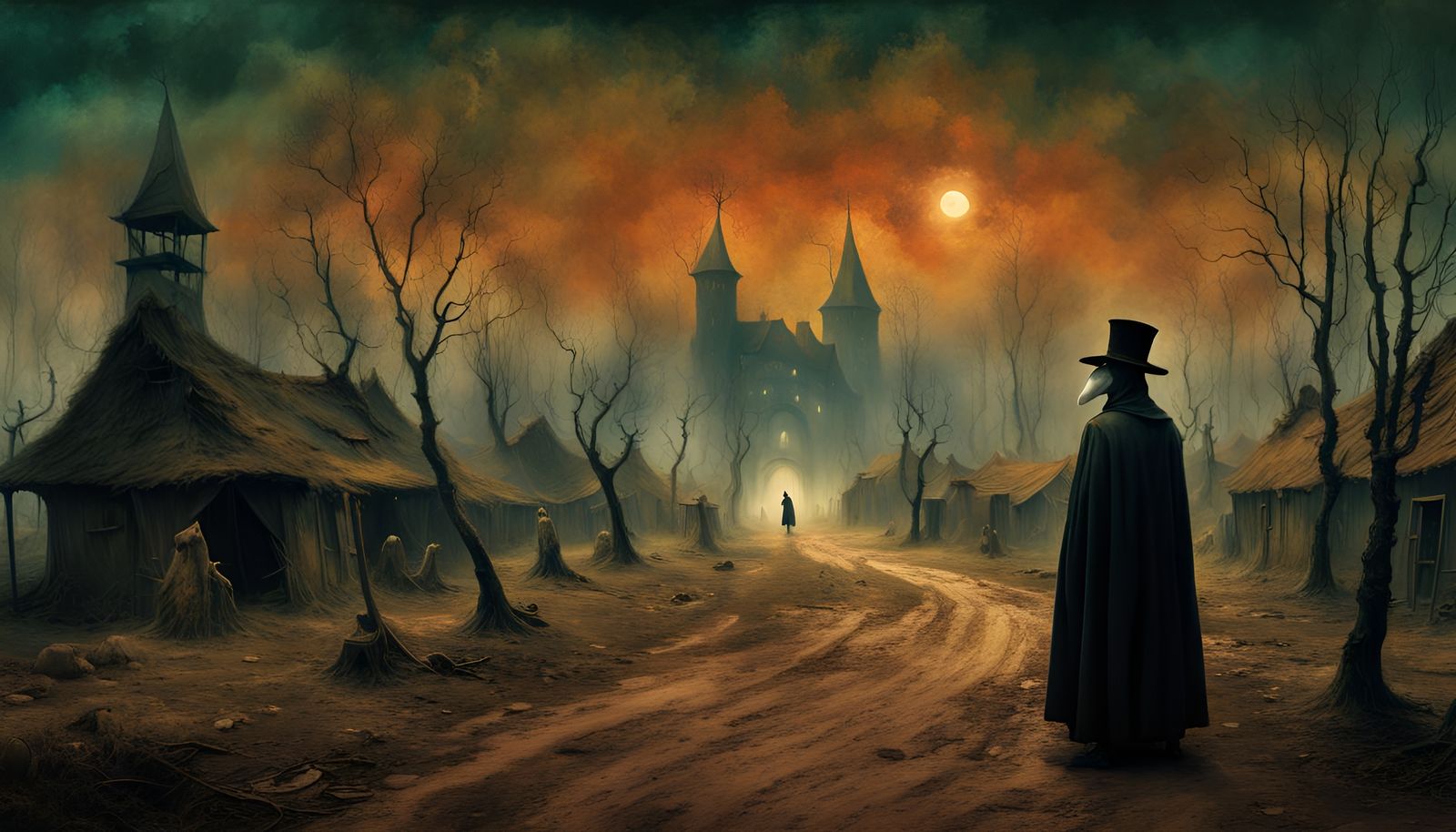 Creepy Carnival Village with Plague Doctor in Dark Art