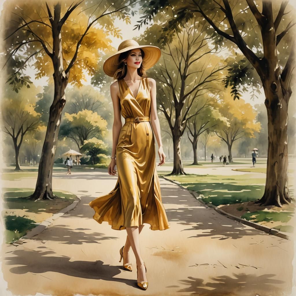 Elegant Woman in Golden Dress in Luxury Park
