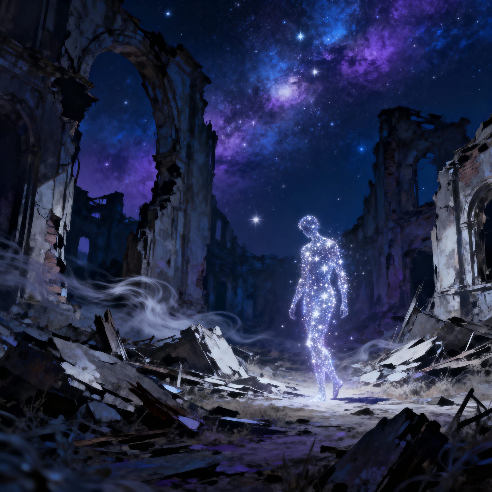 Starlight Figure Wanders Shattered Life Ruins