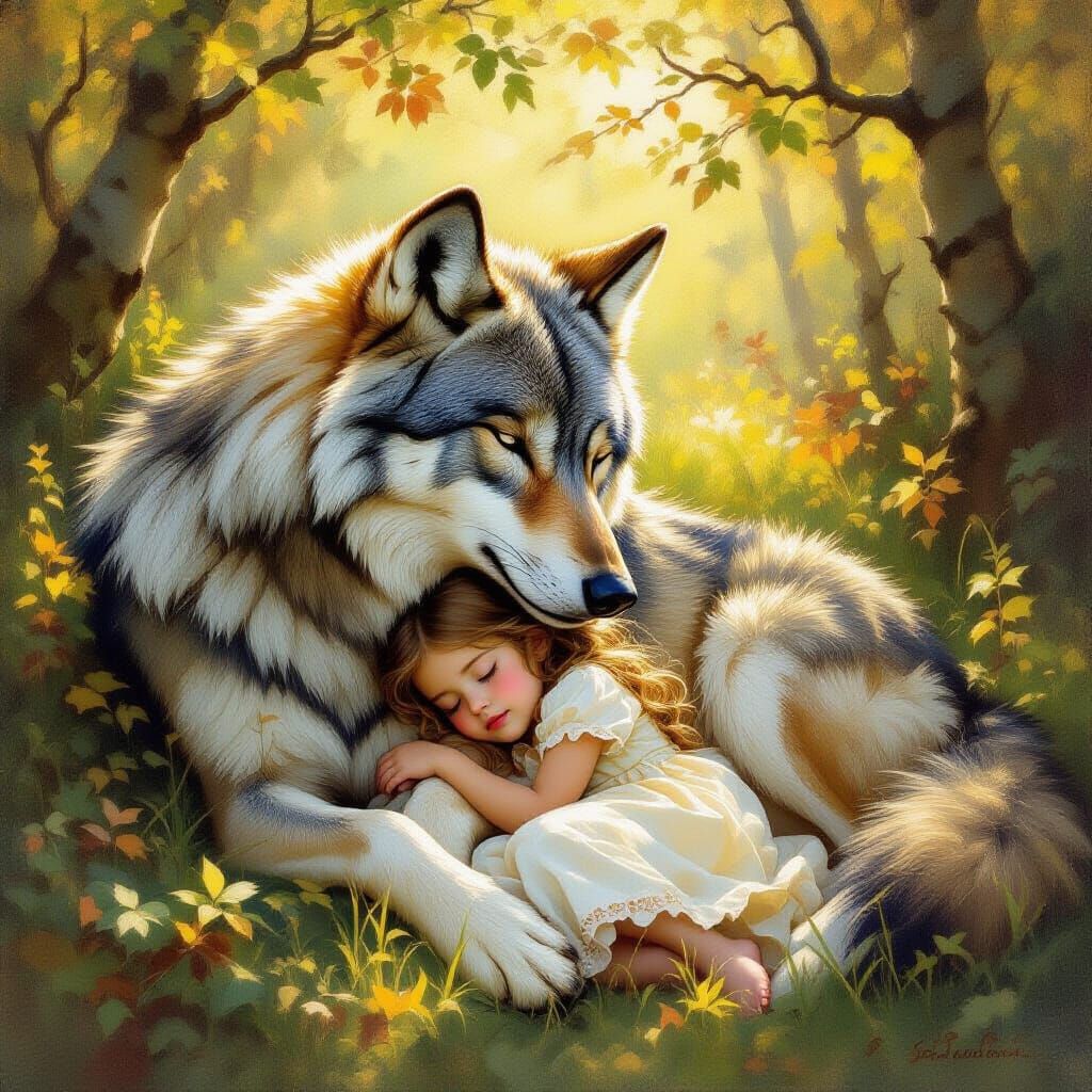 Wolf and Girl Embrace in Romantic Oil Painting