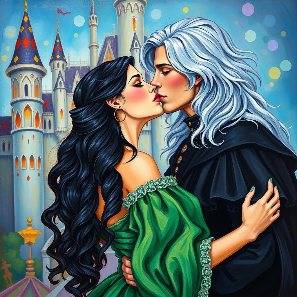 Neo-Impressionist Oil Painting of Medieval Couple Kissing