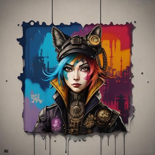Steampunk Fox Girl Graffiti Art in Splash Style