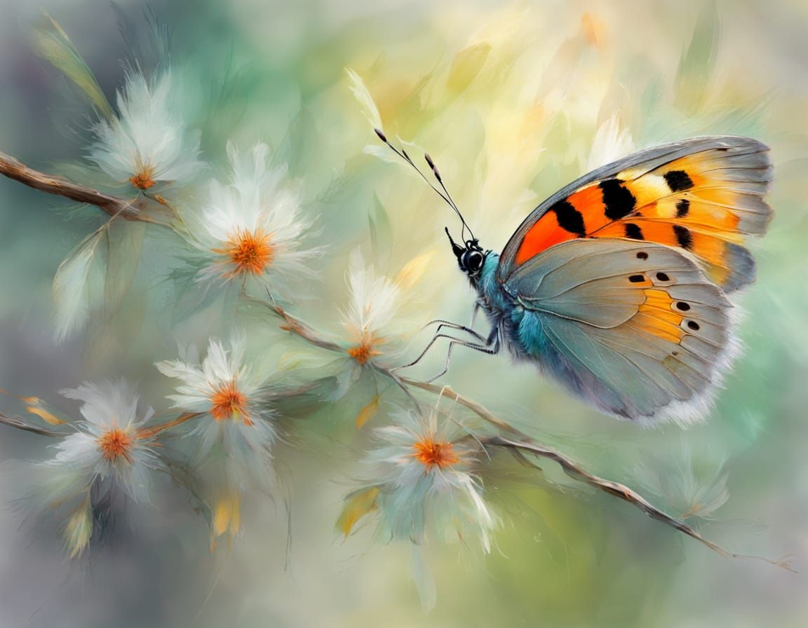 Impressionist Butterfly Perched on Dry Branch