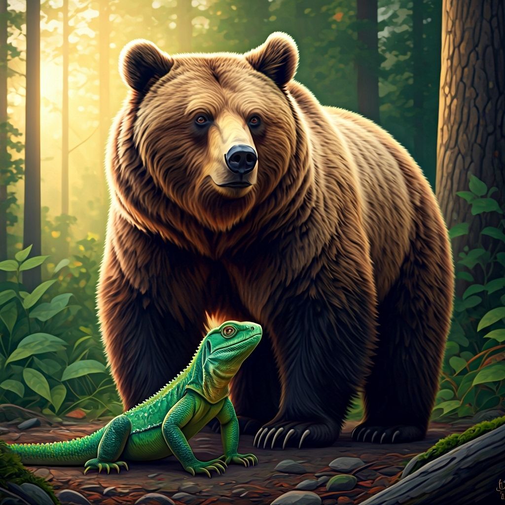 Bear and Lizard in Sun-Drenched Forest