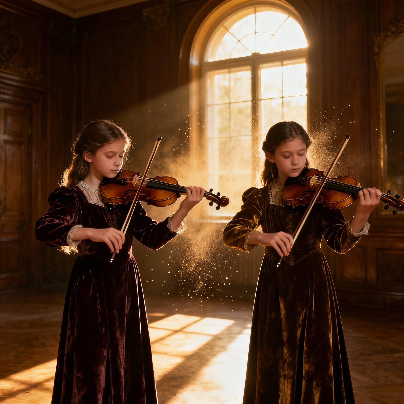 Elegant Twin Violinists in Golden Hour Light