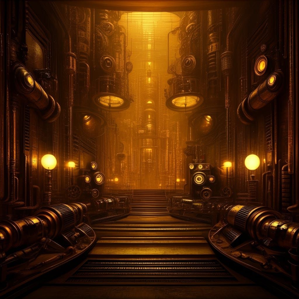 Dieselpunk Landscape with Vintage Machinery and Golden Light