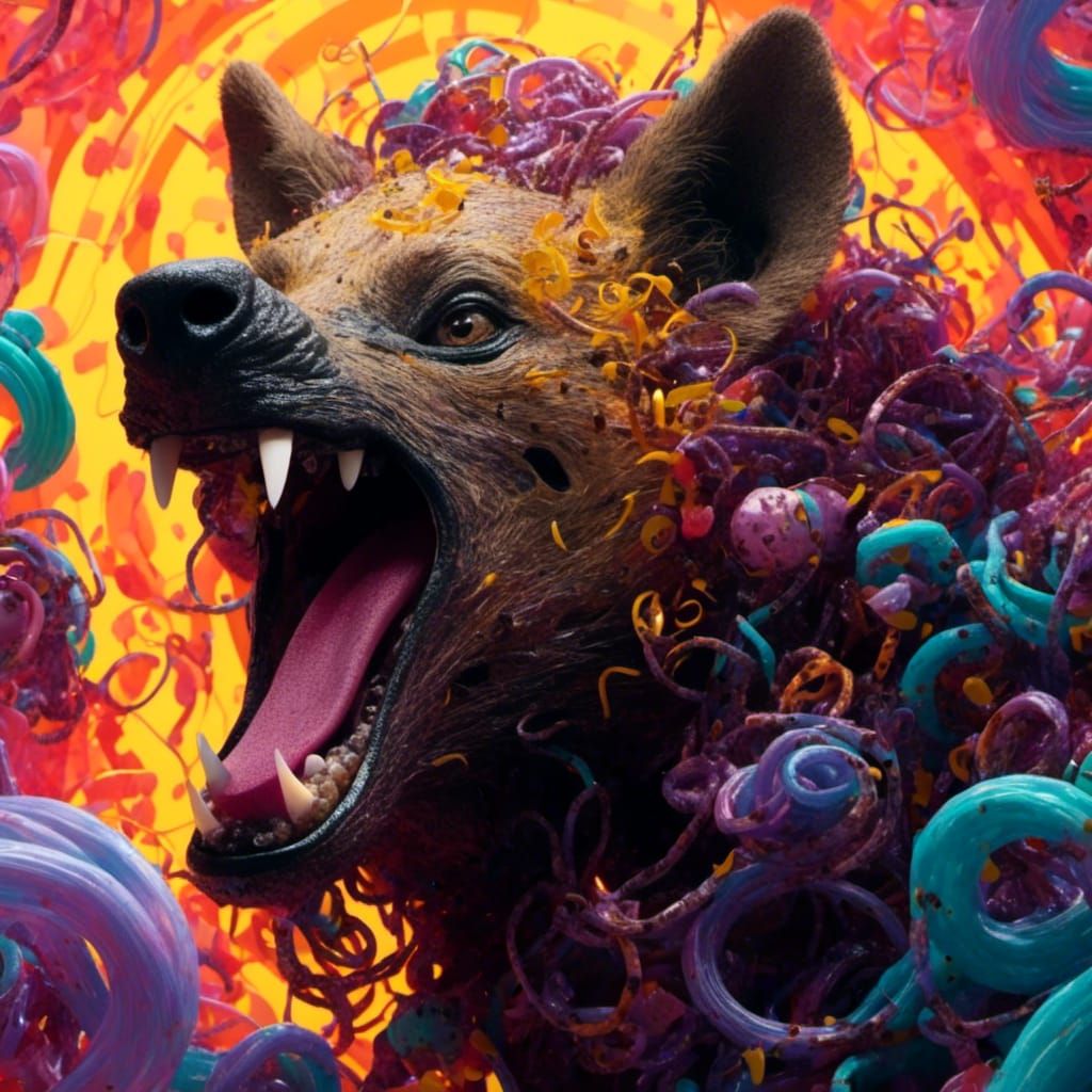 <lora:deepmind:1.0>  A human hyena villain 🦹‍♂️ vibrant colors Candyland wonderland gouache swirls detailed