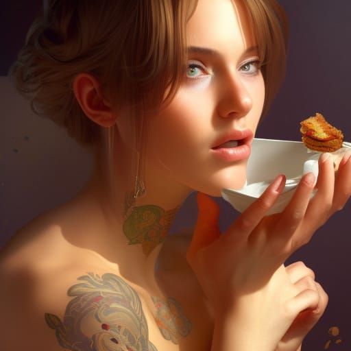 hottest DJ girl in with breakfast on bed. hyperdetailed and hyperrealism.