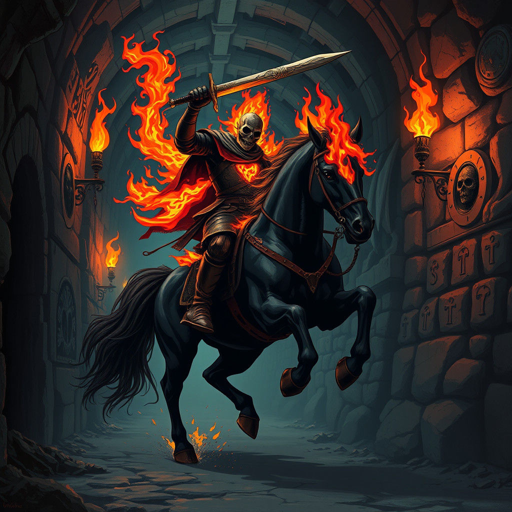 Fiery Headless Horseman in Dark Catacombs