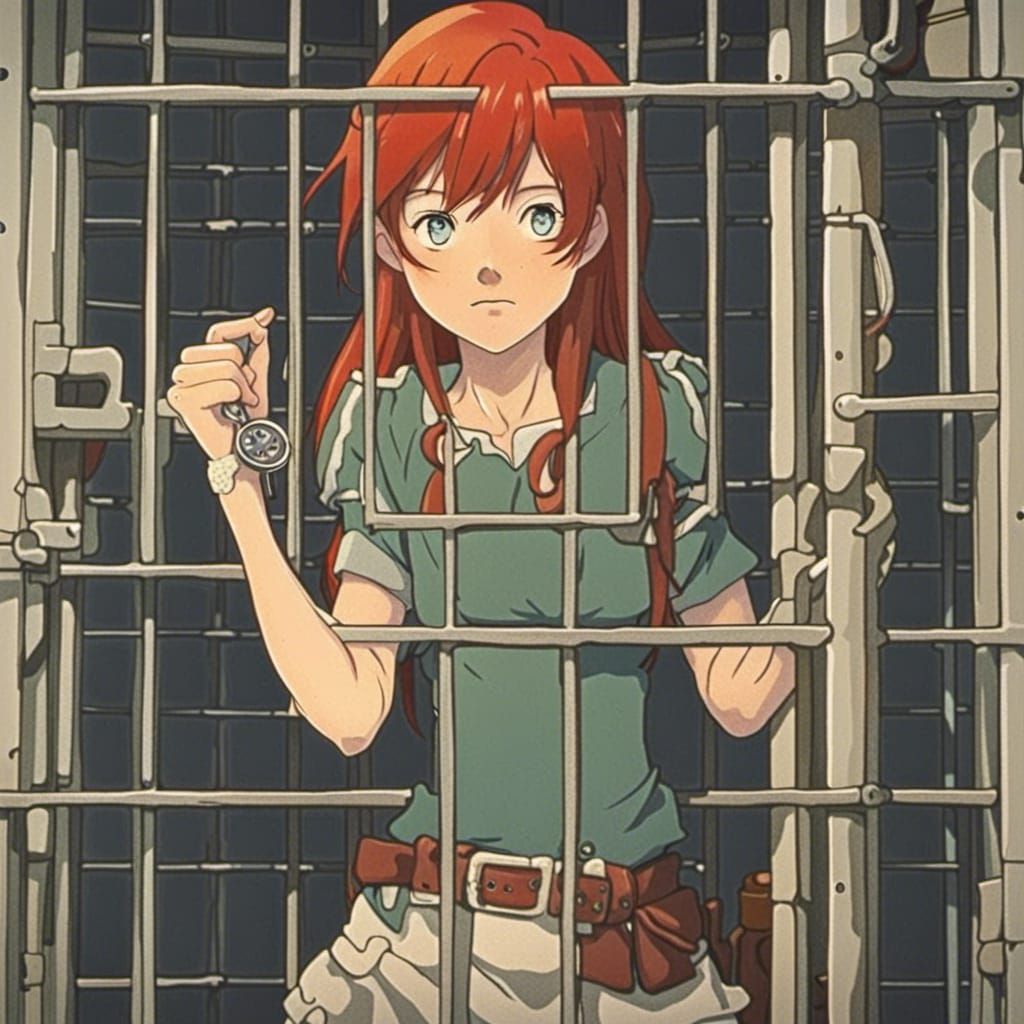 Anime Cowgirl Bandit in Jail Cell, Ghibli Style
