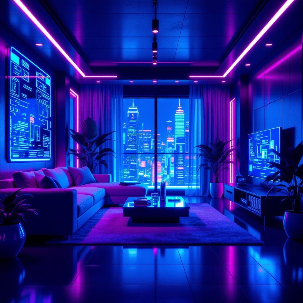 Futuristic Apartment Interior With Neon Lights