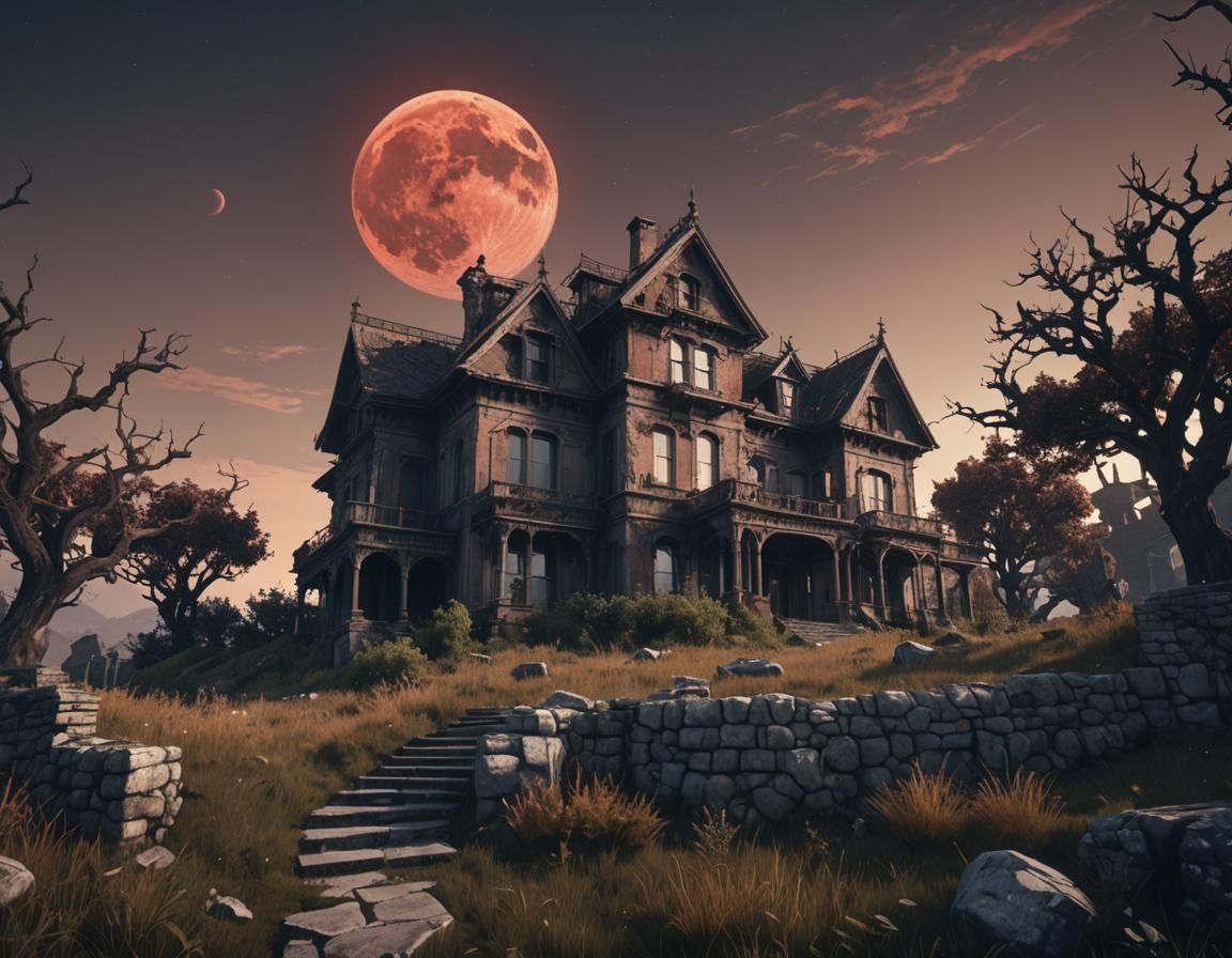 Creepy Abandoned Mansion Under Blood Moon in CryEngine Style