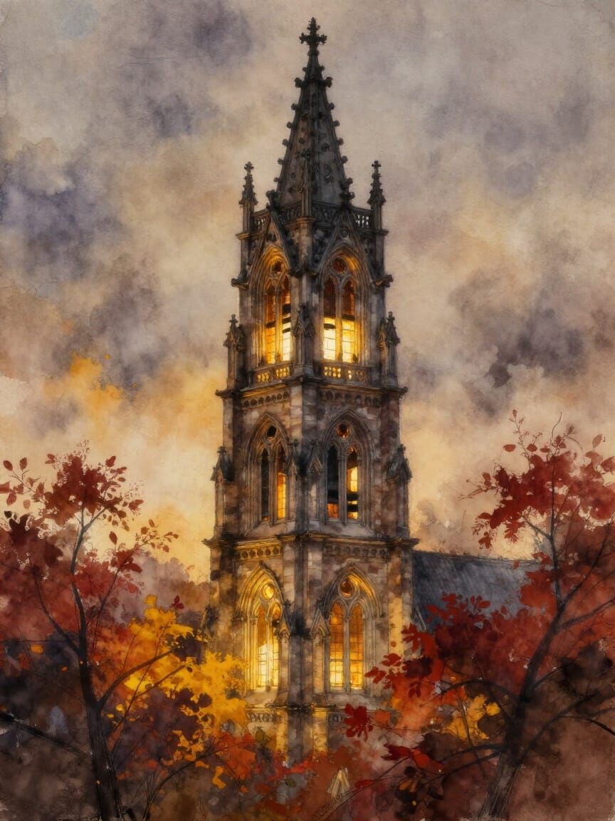 Ivy-Crowned Gothic Bell Tower at Dusk