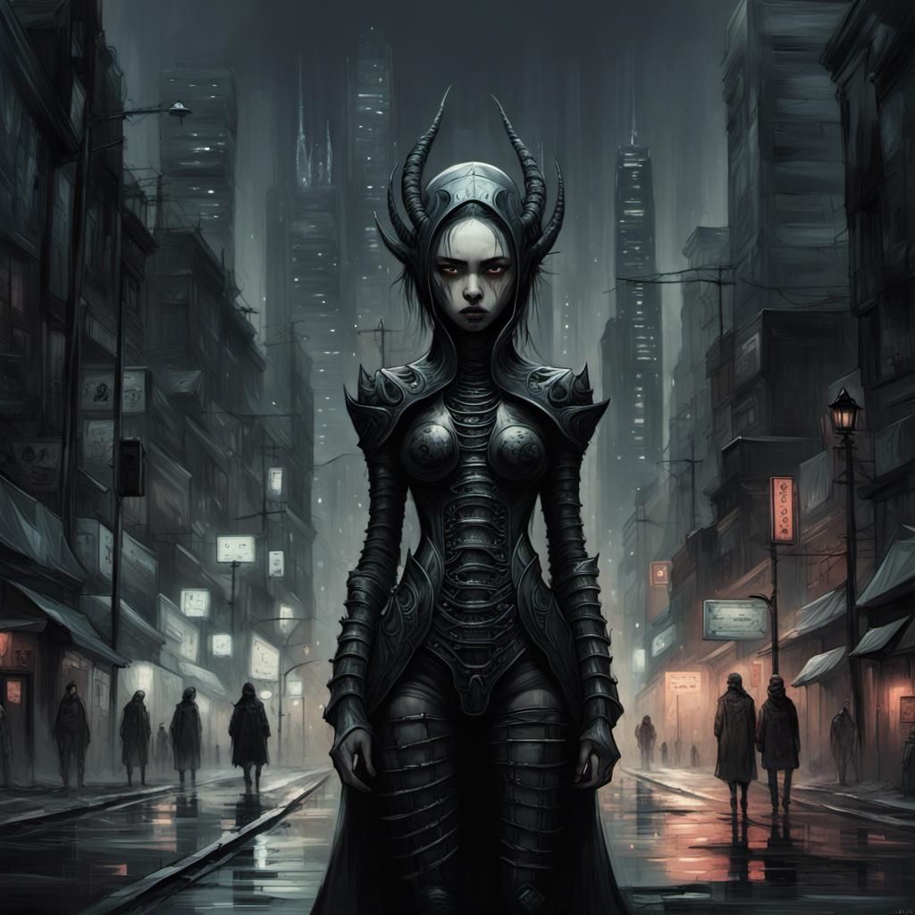 Pale Scavenger in Cyberpunk City: Photorealistic Digital Art