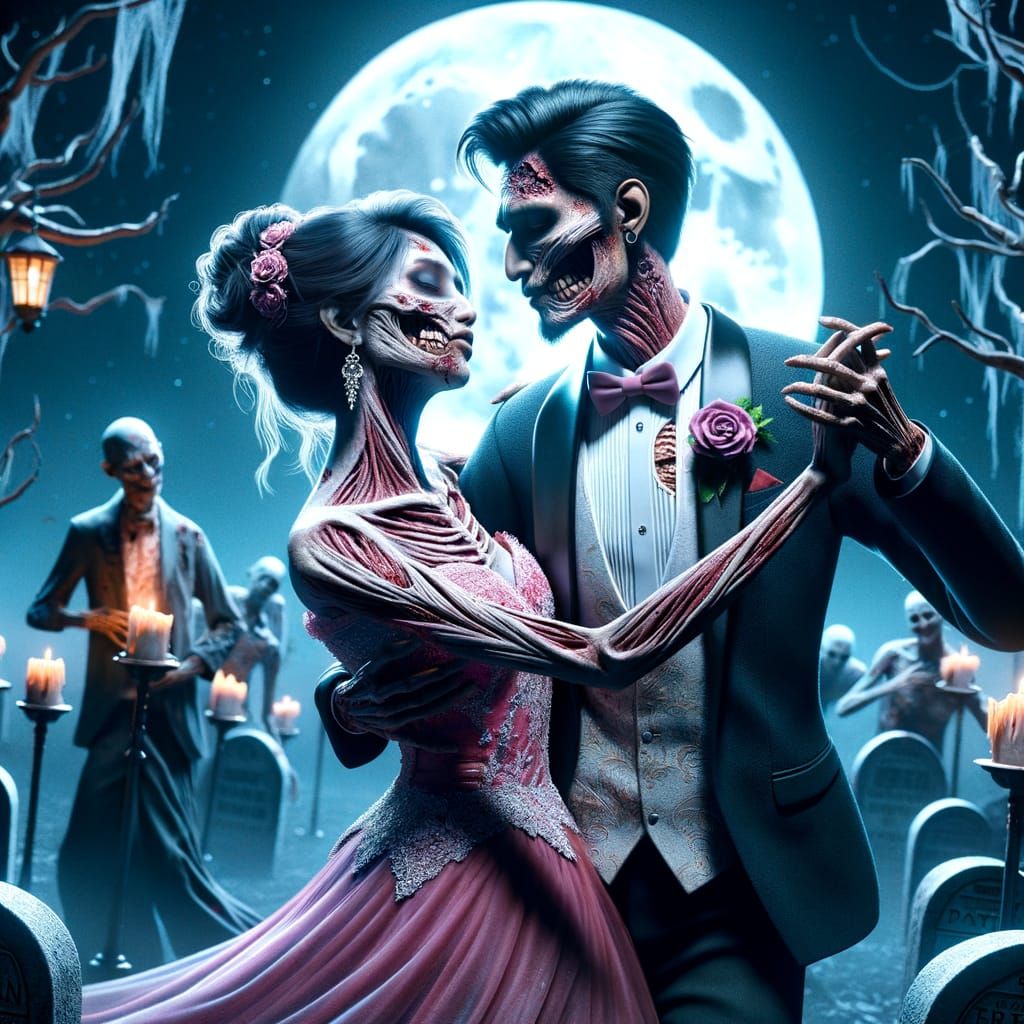 Zombie Couple Dancing at Spooky Prom Under Full Moon