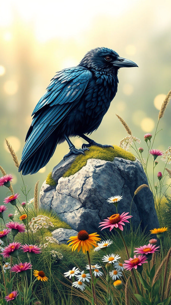 Iridescent Raven in Ukiyo-e Style