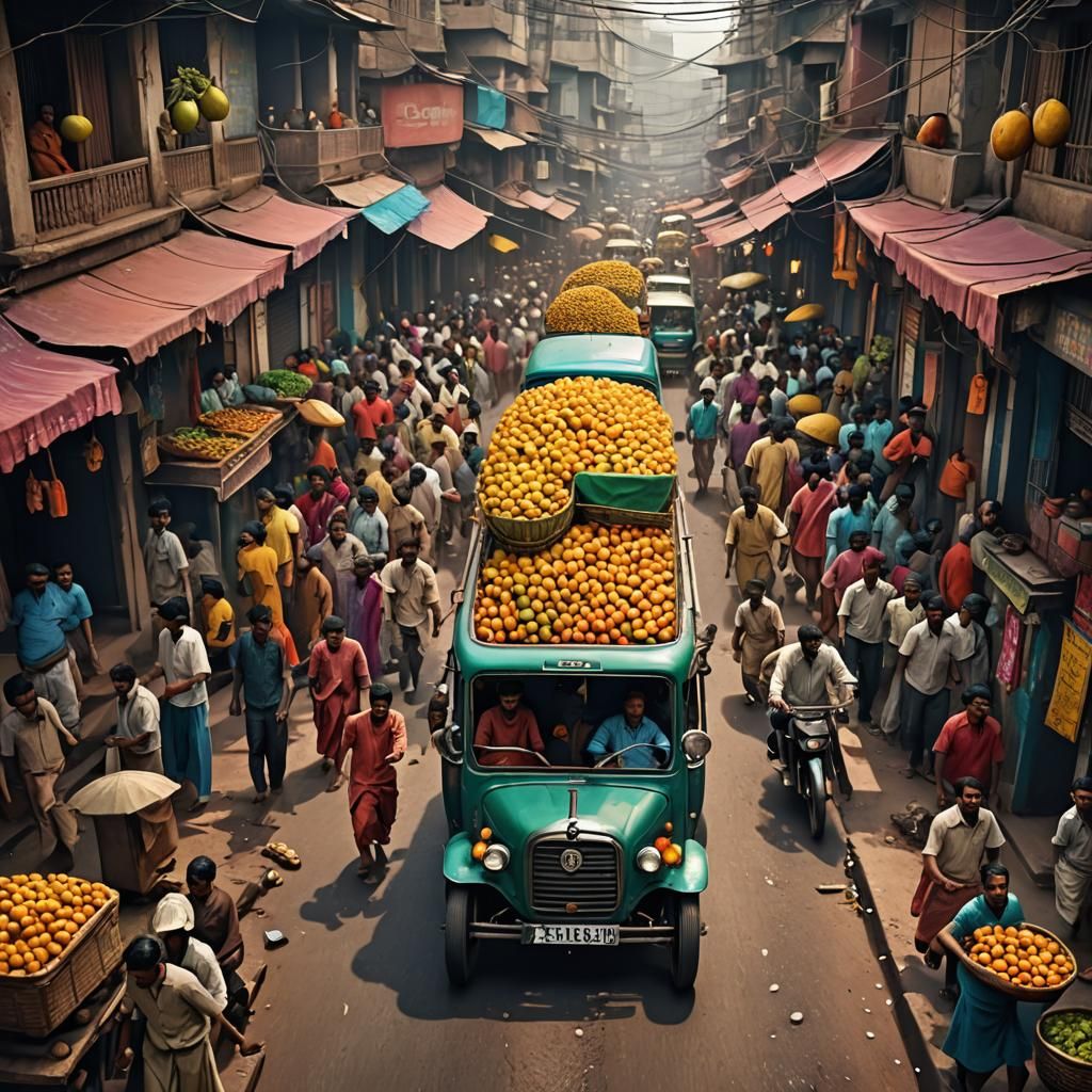 Indian Market Auto Rickshaw Mango Theft: Digital Art