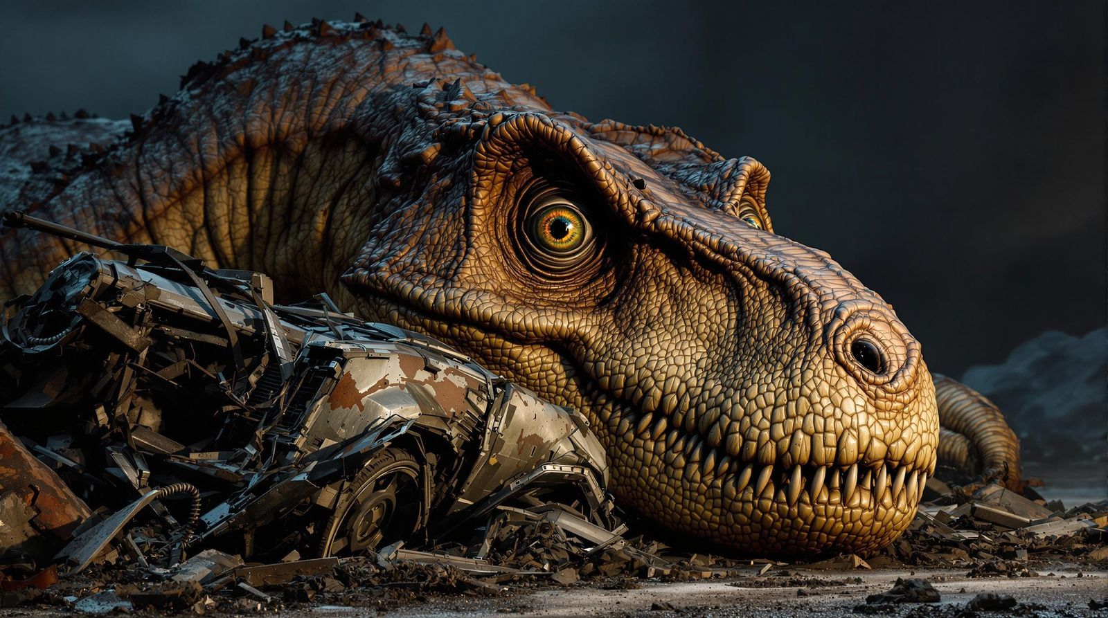 Hyper-Realistic T-Rex in Car Crash