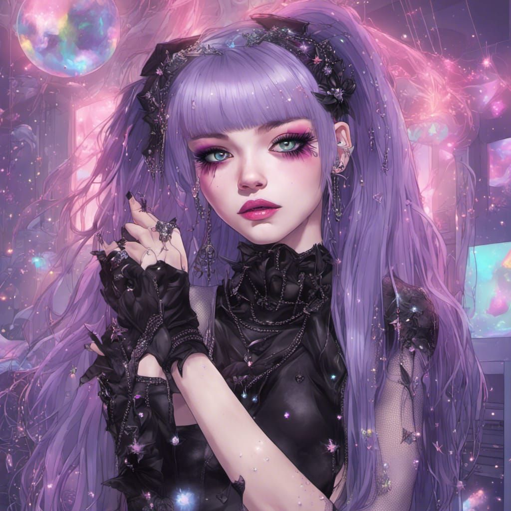 Goth Girl in Pastel Rainbow Bedroom