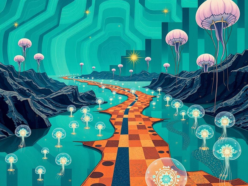 Surreal Cityscape Landscape with Infinite Roadmap and Starry...