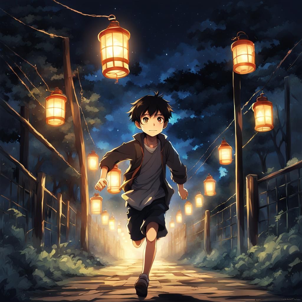 Boy Running with Lantern in Anime Style