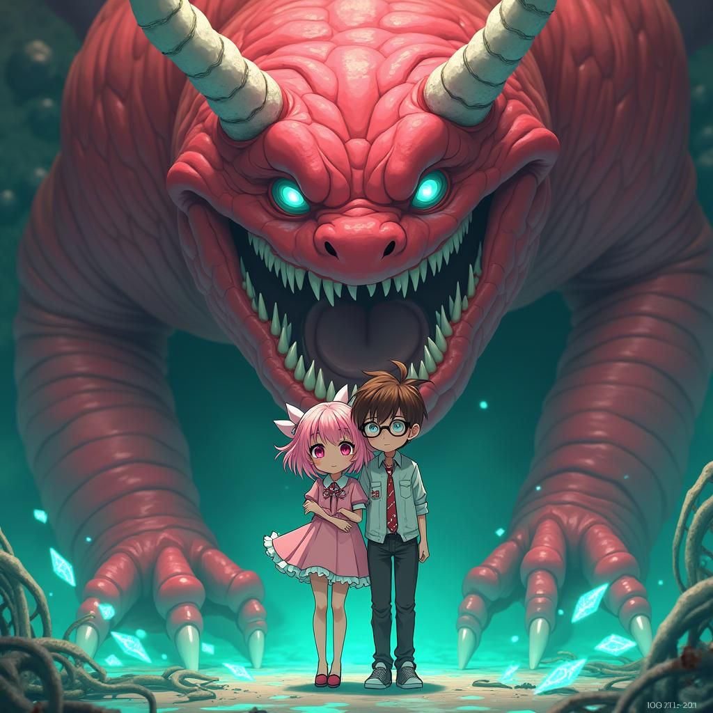 Anime Girl and Boy with Birthday Monster in 8K