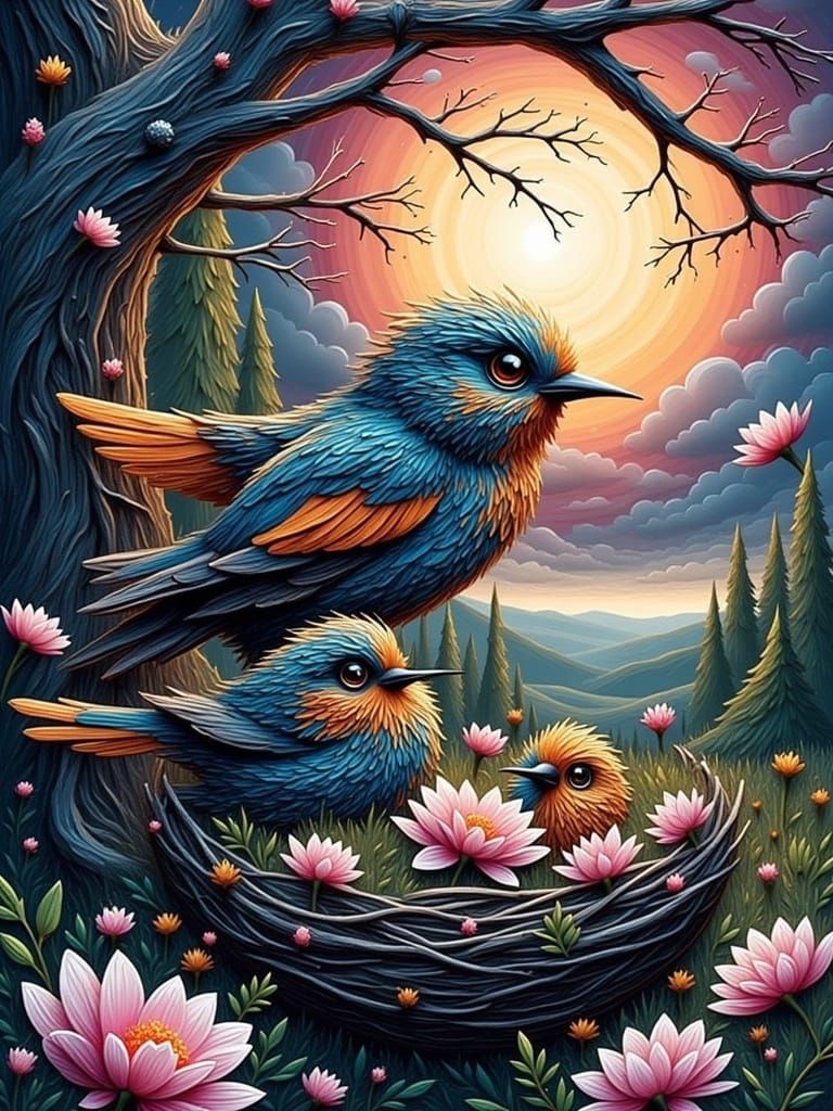Beautiful chibi birds in the nest, beautiful landscape