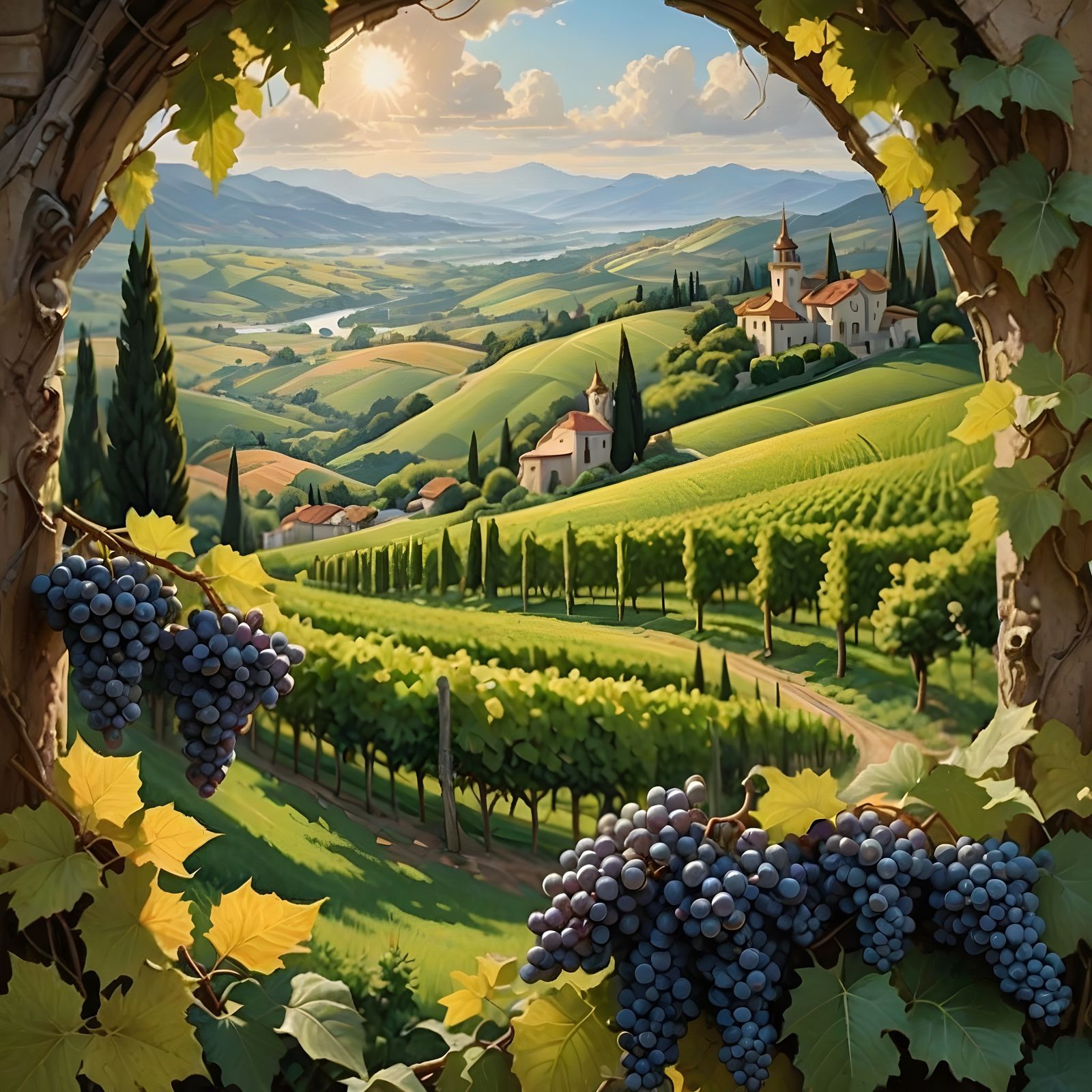 Baroque Vineyard Landscape with Rolling Hills and Grapes